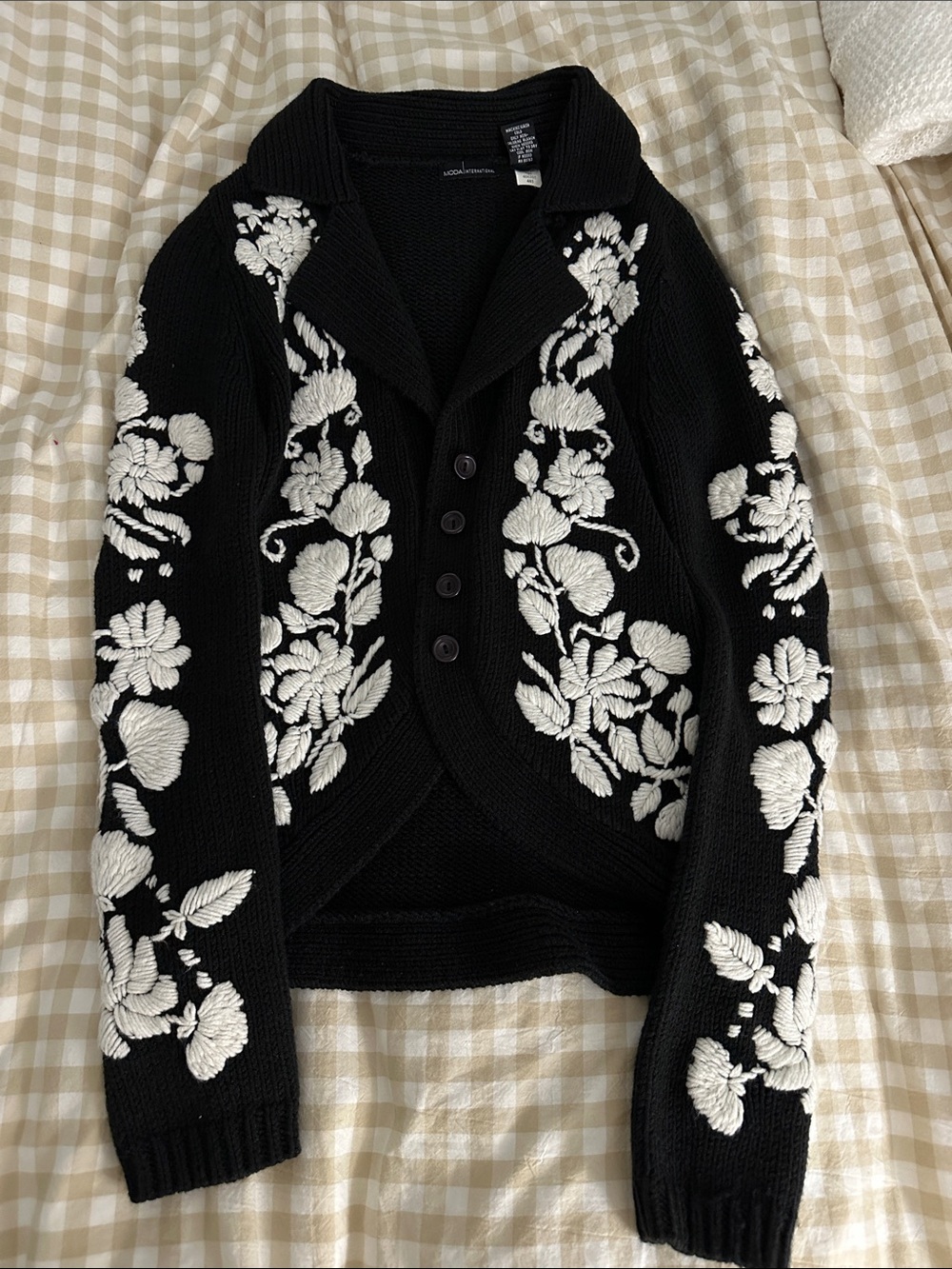 VTG Wool Blend Moda International Black Cardigan with White Floral Embroidery